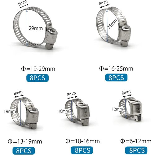ZIPCCI Hose Clamp Kit, 1/4 Inch - 1 Inch 304 Stainless Steel Hose Clamps Assortment, Worm Gear Fuel Line Pipe Clamp Set, 6-29mm (40pack)