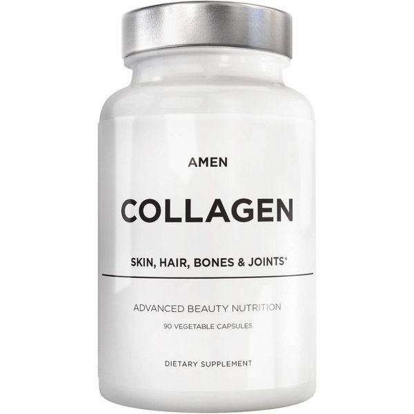 Amen Multi Collagen Peptides Capsules with Hyaluronic Acid and Vitamin C - 5 Types of Collagen Protein Type I, II, III, V, X - Grass Fed - Hydrolyzed - Amino Acids - Collagen Supplement - 90 Pills
