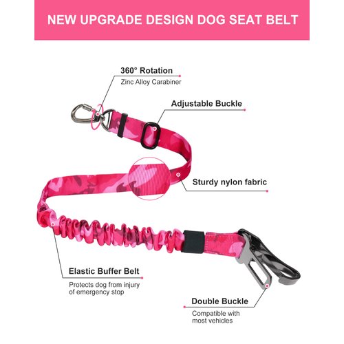 Hotsky Dog Seat Belt, Adjustable Safety Seatbelt 3-in-1 Car Harness for Dogs in Car Nylon Elastic Bungee Buffer Tether with Clip Hook Latch Buckle Swivel Zinc Alloy Carabiner(Hotpink Camo)