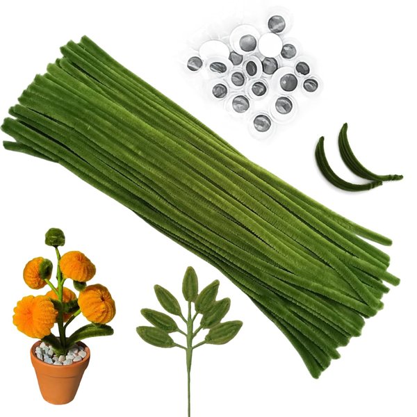 Cldamecy 100 pcs Olive Green Pipe Cleaners with 20 pcs Googly Eyes,Chenille Stems for Craft Project,Craft Pipe Cleaners for DIY Projects,Arts and Holiday Decoration