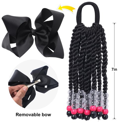 Kids Braid Ponytail Extension with Elastic Bowknot Tie Clip in Beads Braids Hair Extensions Braids Hair Extensions Wig for Children Girls Wigs with Bead Decoration Synthetic Hairpiece Black