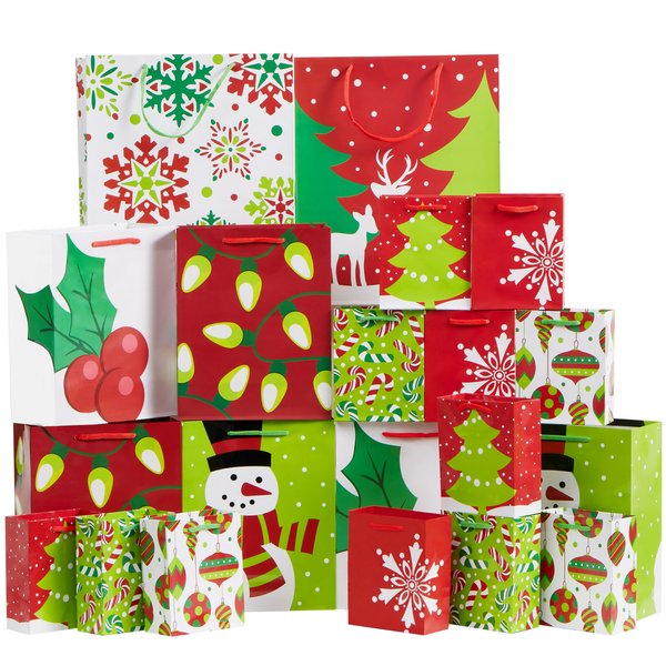 JOYIN 20 Christmas Goody Gift Bags with Handles Assorted Sizes, Holiday Paper Goodie Bag for Xmas Gift-Giving, Classroom and Party Favors