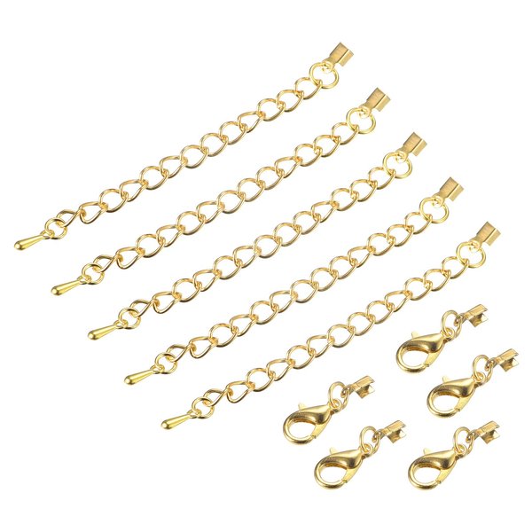 uxcell 20Sets Fold Over Cord Ends with Lobster Claw Clasps & Extension Chain, 3mm Terminators Crimp Cap Clasp Tips for DIY Craft Making, Gold Tone