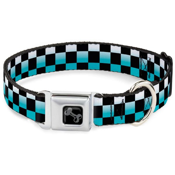 Dog Collar Seatbelt Buckle Checker Black Ombre Turquoise 11 to 17 Inches 1.0 Inch Wide