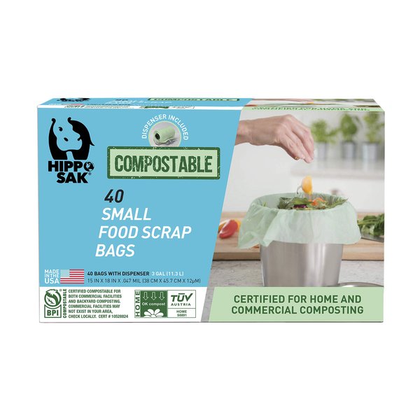 Hippo Sak Compostable Small Food Scrap Bags, 40 Count with Dispenser