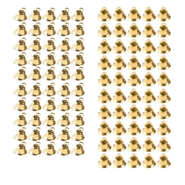 100PCS Small Gold Bells Mini Bells for Crafts,50PCS 0.39 Inch and 50PCS 0.55 Inch Decorative Bells Christmas Tree Pendants for Craft Making and Favor Decorating