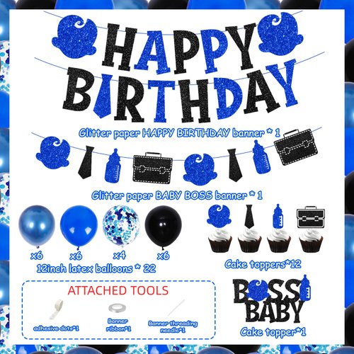 Boss Birthday Party Decorations for Blue Black Boss Boy Baby Themed Happy Birthday Banner Cake Toppers Balloons Set for Newborn Boy Child Kid Bday Party 1st 2nd 3rd Birthday Decor Supplies