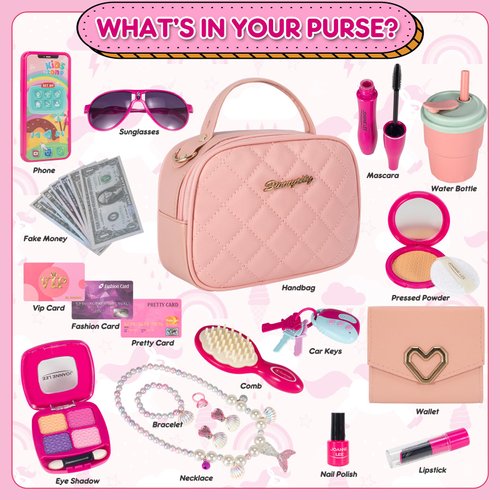 Little Girls Play Purse, Kids Toy Purse and Pretend Makeup Kits for Toddlers -My First Purse Set Include Handbag, Phone, Wallet, Play Mermaid Jewelry, Pretend Play Girl Toys, Gift for Girls 3 4 5 6 7