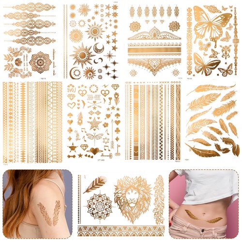 Oruola 9Sheets Gold Temporary Tattoos,110+ Designs Tattoos,Flash Gold Tattoos Temporary Women Adult,Lion Sun Moon Star Glitter Tattoo for Festival Vacation Makeup Rave,Waterproof, Realistic Last Long