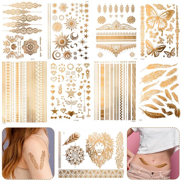 Oruola 9Sheets Gold Temporary Tattoos,110+ Designs Tattoos,Flash Gold Tattoos Temporary Women Adult,Lion Sun Moon Star Glitter Tattoo for Festival Vacation Makeup Rave,Waterproof, Realistic Last Long