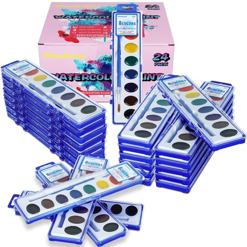 24 Pack Watercolor Paint Set - 8 Colors Quality Washable Water Color Paints Sets with Paintbrush, Kids Watercolor Paint Set for Coloring, Art, Party Favors, Classrooms and Paint Party Supplies