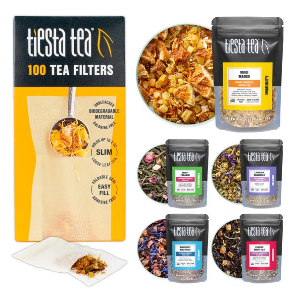 Tiesta Tea - Loose Leaf Starter Kit | Premium Starter Kit Sampler | High to Non Caffeinated | Make Hot & Iced Tea | Starter Kit with Black, Green, Herbal Tea Sample Bags and 100 Disposable Tea Filters