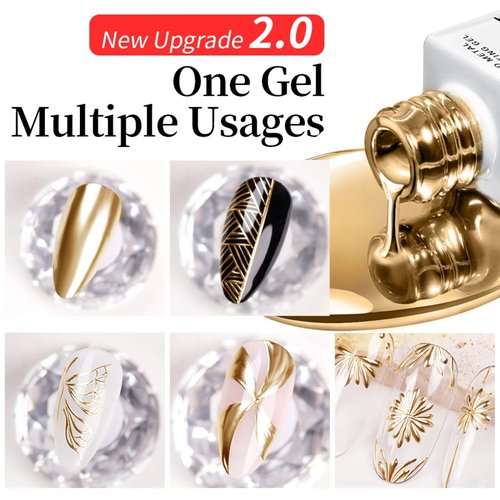 NAILKISS Metallic Mirror Painting Liner Gel Polish, Gold Metal Painted Drawing Gel with Build in Thin Brush, Mirror Chrome Gel Polish Nail Art Gel Liner Soak Off DIY Nail Art Manicure