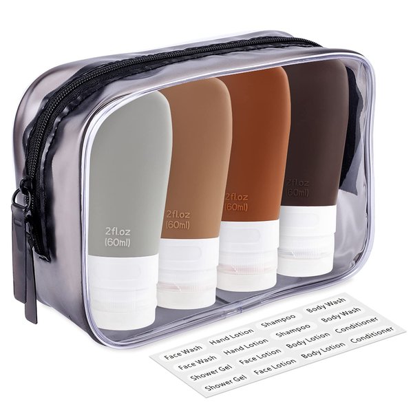 INSFIT Travel Bottles for Toiletries, TSA Approved 2oz Travel Size Bottles Leak Proof Travel Containers for Toiletries, BPA Free Refillable Travel Accessories for Shampoo Body Wash Liquids Brown