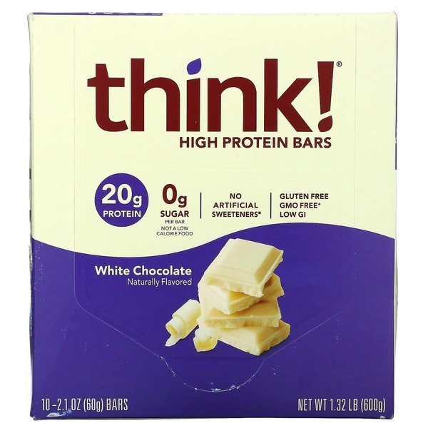 High Protein Bars, White Chocolate, 10 Bars, 2.1 oz (60 g) Each, Think !