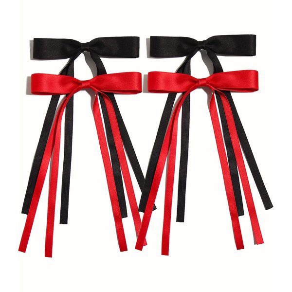 4pcs Ribbon Bowknot Hair Clips for Women with Long Tails, Solid Barrettes Claw Accessories in Black Red