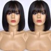 SQPLXK Short Bob Human Hair Wigs with Bangs None Lace Front Wigs Brazilian Straight Hair Machine Made Bob Wig for Black Women Natural Color 8 Inch