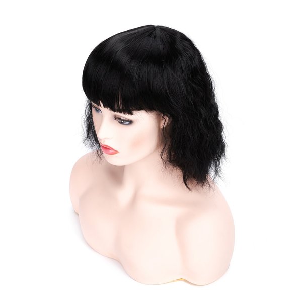 morvally Short Wavy Black Bob Wig with Bangs Natural Heat Resistant Synthetic Hair Cosplay Costume Party Wigs