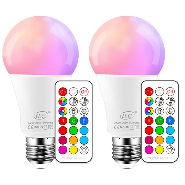 ILC Color Changing LED Light Bulbs, 70W Equivalent, 2700K Warm White A19 E26 Screw Edison Base RGBW Dimmable - 12 Color Choices - Timing Infrared Remote Control Included (2 Pack)