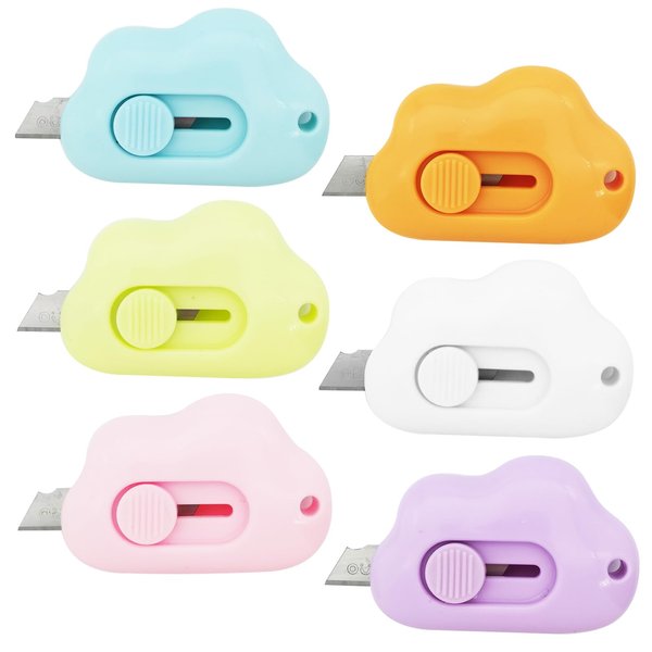 Cute Cloud Box Cutter Retractable, 6Pcs Mini Utility Knife Letter Opener Envelope Slitter, Small Package Opener Paper Cutters with Keychain Hole for Office Home School Stationery DIY Crafts