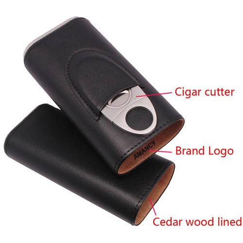 AMANCY Classic Black Leather 3 Fingers Cigar Case with Cedar Wood Lining,Silver Stainless Steel Cutter Contained