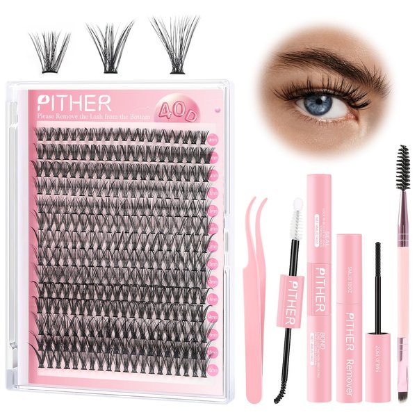 PITHER DIY Lash Extension Kit, Eyelash Extension Kit 280PCS 40D Mix 9-16mm Individual Lash Clusters Kit with Applicator Bond and Seal Lash Glue Lash Extension Remover Tweezer