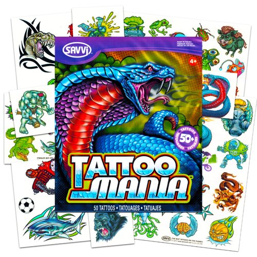 New School Temporary Tattoos for Boys Kids Adults -- 100 Bright and Bold Biker Tattoos with Monsters, Animals, Dinosaurs, and More (Party Supplies)