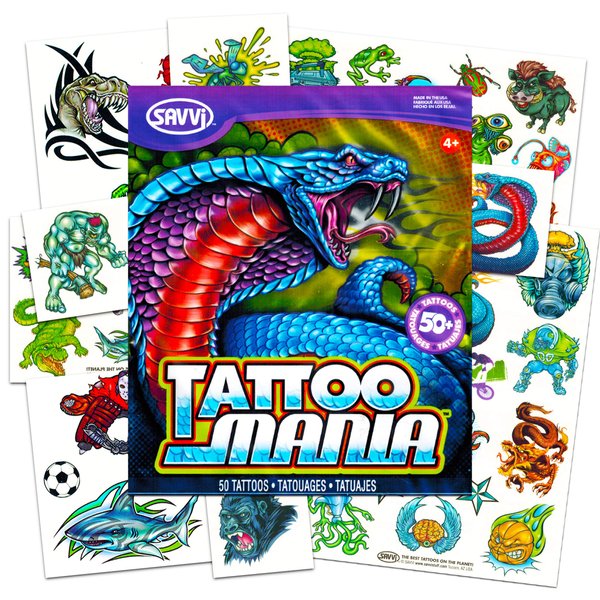 New School Temporary Tattoos for Boys Kids Adults -- 100 Bright and Bold Biker Tattoos with Monsters, Animals, Dinosaurs, and More (Party Supplies)