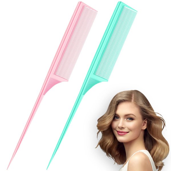 2 Pack Rat Tail Combs for Women Fine Tooth Comb Parting Tip Carbon Fiber Root Teasing Anti Static Heat Resistant Adding Volume Evening Hair Styling (Pink, Green)
