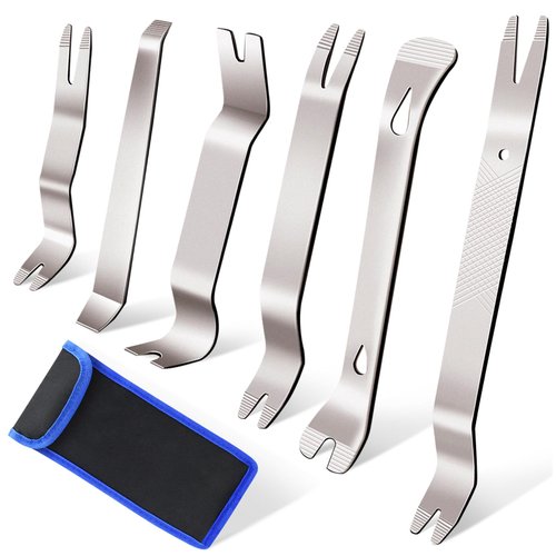 Etre Jeune 6 PCS Auto Trim Removal Tool Kit, Metal Pry Tool Car Trim Removal Tool Set for Door Panel, Window, Audio Dashboard Upholstery Repair Kit (Silver)