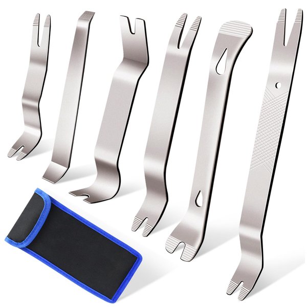 Etre Jeune 6 PCS Auto Trim Removal Tool Kit, Metal Pry Tool Car Trim Removal Tool Set for Door Panel, Window, Audio Dashboard Upholstery Repair Kit (Silver)