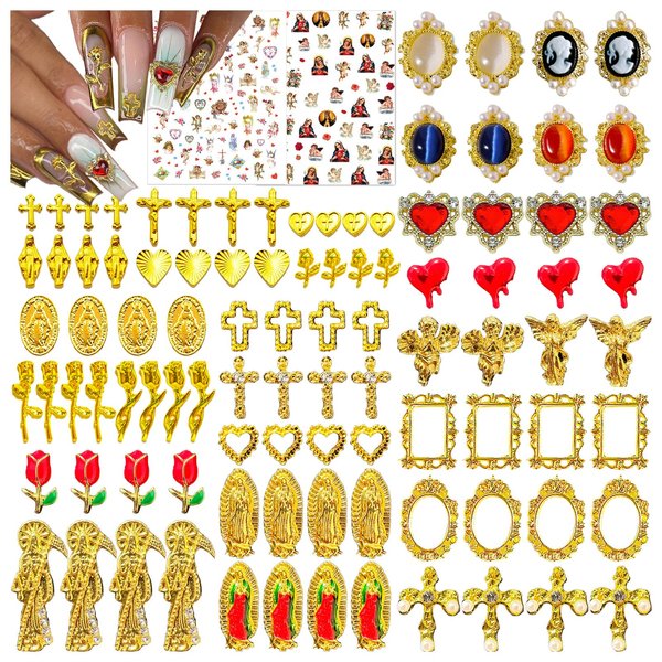 Gehaiwo 96PCS Gold Nail Charms for Acrylic Nails,Alloy Red Heart Cross Rose Flower Angel Frame Nail Decoration,Nail Art Rhinestone Nail Gems Nail Jewels Accessories for Nail Art Supplies DIY Nail