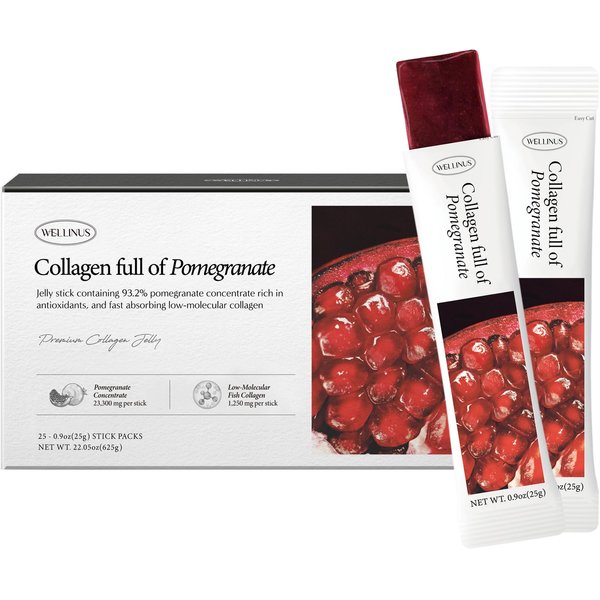 Korean Collagen Jelly Sticks - 25 Pomegranate Flavored Marine Collagen Peptide Snacks for Anti-Aging- Collagen Protein Sugar-Free, Travel Packs for Hair & Nail Strength