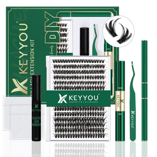 DIY Lash Extension Kit KEYYOU 300Pcs Individual Eyelash Extension Kit 50D 0.07D Curl 9-18MIX Lash Clusters Kit with Lash Glue Remover Applicator Easy to Use for Beginners(Kit-50D-0.07D,9-18MIX)