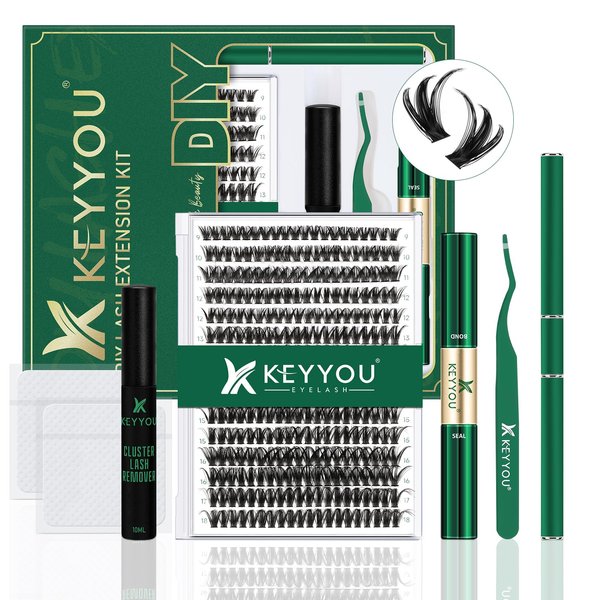 DIY Lash Extension Kit KEYYOU 300Pcs Individual Eyelash Extension Kit 50D 0.07D Curl 9-18MIX Lash Clusters Kit with Lash Glue Remover Applicator Easy to Use for Beginners(Kit-50D-0.07D,9-18MIX)