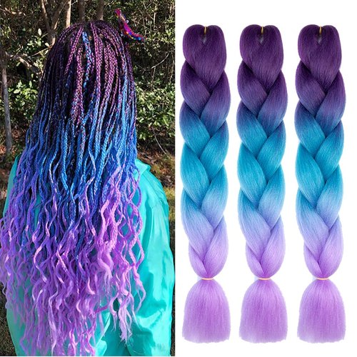 Braiding Hair Ombre Purple to Lake Blue to Light Purple 24 Inch Kanekalon Braid Hair Extensions Hot Water Setting (C26-3Packs)