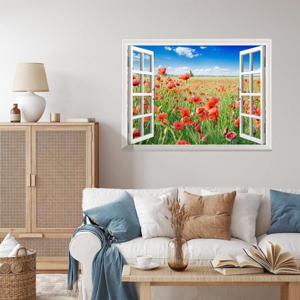 Removable Wall Sticker/Wall Mural - Beautiful Poppy Field in The Spring | Creative Window View Wall Decor - 24"x32"