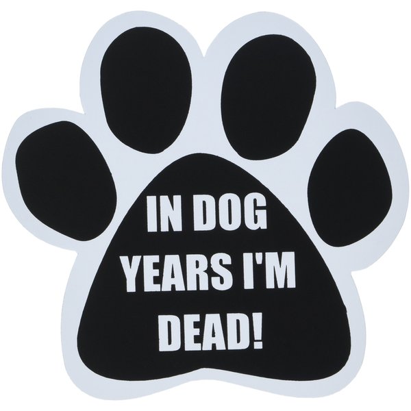 "In Dog Years I'm Dead!" Car Magnet With Unique Paw Shaped Design Measures 5.2 by 5.2 Inches Covered In UV Gloss For Weather Protection