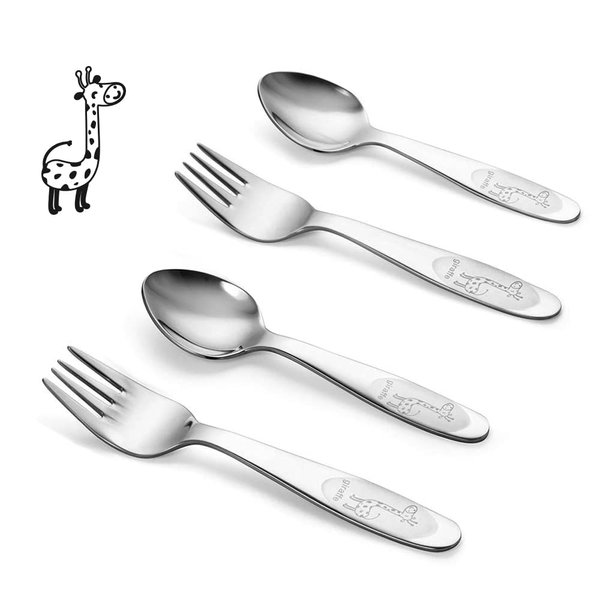 FUNNUO 4 Piece 18/8 Stainless Steel Toddler Utensils, Safe Kid Spoon and Fork Set for Self Feeding, Children Silverware Sets with Mirror Polished, Dishwasher Safe