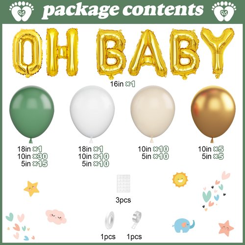 Sage Green Baby Shower Decorations,Boho Greency Neutral Balloon Arch with Oh Baby Balloon Banner Green Gold Balloons For Boy Girl Woodland Baby Shower Birthday Party Supplies