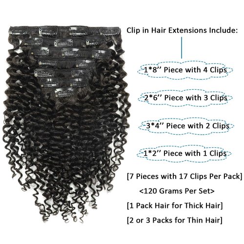 Caliee 14Inch Natural Black Jerry Curly Clip in Hair Extensions Human Hair for Black Women Thick End 3B 3C Curly Clip Ins 1B Real Remy Hair Extensions 120Gram 7Pcs with 17Clips