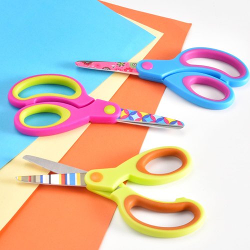 Zicolu Kids Scissors Set of 3 pack, Safety Children Scissors, Craft Scissors with Blunt Tip Floral Print Blade and Soft Grip, Great for Home and School, Blue/Purple/Yellow