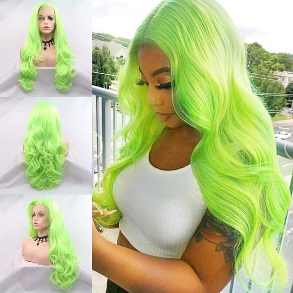 Neon Green Curly Real Hair Wig Fluorescent Green Handmade Synthetic Lace Front Wigs for Women Long Body Wave Pastel Green Wig Preplucked Hairline Real Hair Wig Baby Hair Daily Cosplay 24 Inch