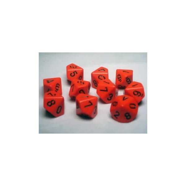 Chessex Dice Sets: Opaque Orange with Black - Ten Sided Die d10 Set (10)