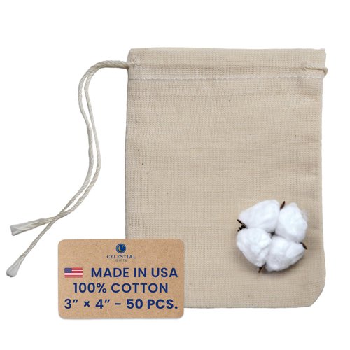 Celestial Gifts Muslin Bags - Drawstring Bags Small 50pcs - 3x4, Reusable Tea Bags, Jewelry Gift, Spice and Cotton Gift Sachet Bags - 100% Cotton - Made in USA - (Natural Hem & Drawstring)