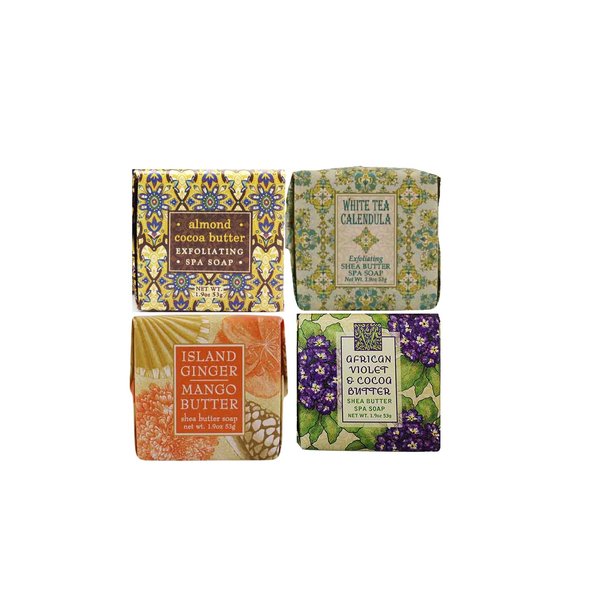 Soap Sampler - Gift Boxed Set of 4 Assorted Scents - Enriched with Shea Butter, Essential Oils, Natural Extracts-Ideal for Guest Bathrooms, Stocking Stuffers and Basket Fillers