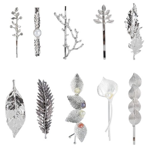 Lawie 10 Pack Silver Vintage Retro Geometric Minimalist Branch Leaf Flower Metal Hair Clip Hairpin Snap Barrette Stick Claw Grip Clamp Bobby Pins Alligator Hairclips Party Hair Accessories for Women