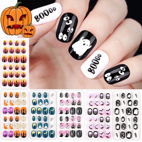 144PCS Halloween Short Press on Nails, False Nail Kids Full Cover Fake Nails Artificial Nail Tips Short False Fingernails for Girls Gift Nail Art Decoration