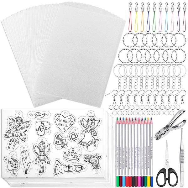 shynek 205 Pieces Shrinky Art Keychain Kit, Include 20 Pcs Shrinky Plastic Sheet and 185 PCS Keychain Accessories for Creative Art Craft