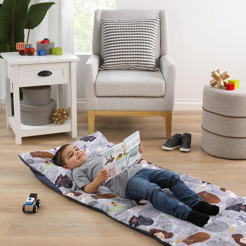 Star Wars Welcome to The Galaxy Navy and Gray Yoda, Princess Leia, R2-D2, Chewbacca, and Darth Vader Deluxe Easy Fold Toddler Nap Mat